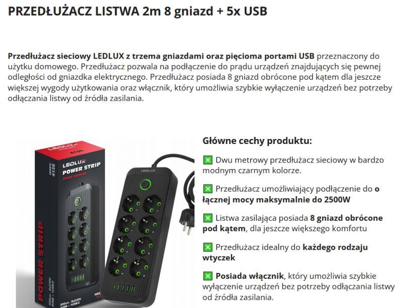 Czarna listwa zasilająca LEDLUX z ośmioma gniazdami sieciowymi i pięcioma portami USB, widoczna również w oryginalnym opakowaniu.