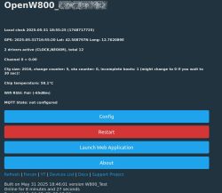 OpenW800 control panel showing local time, GPS data, active drivers, chip temperature, and WiFi status.