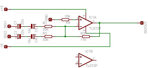 Sumator na TL072. Schemat prostego sumatora lewego i prawego kanału.