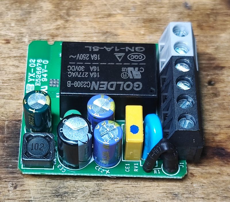 Inside the Sonoff ZBMini Interior of the Sonoff ZBMini module showing electronic components.