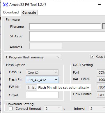 Screenshot of AmebaZ2 PG Tool interface showing firmware flashing settings