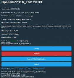 Screenshot of OpenBK7231N user interface with temperature information, MQTT connection status, and configuration buttons.