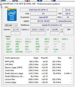 Zrzut ekranu przedstawiający dane techniczne procesora Intel Xeon E5-2678 V3 w programie HWiNFO64