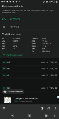 Zrzut ekranu z aplikacji NetMonster pokazujący szczegóły sygnału LTE T-Mobile na paśmie 900 MHz, z bardzo słabymi parametrami jakości sygnału.