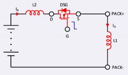 BMS Circuit Diagram with Inductance and MOS Transistor BMS circuit diagram with MOS transistor, inductors L1 and L2.