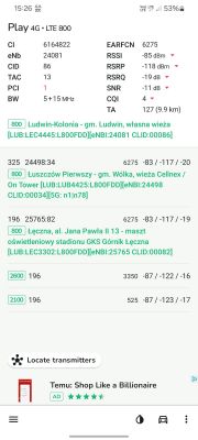 Zrzut ekranu z aplikacji do analizy sygnału sieci komórkowej dla Play 4G LTE 800.