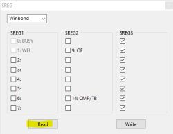 Program window showing SREG register settings for Winbond memory