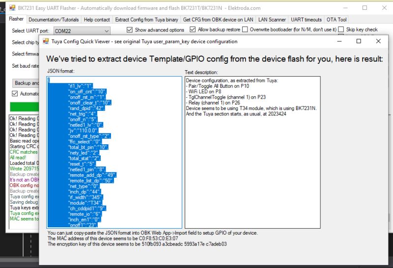 Extracted GPIO configuration from T34 using BK7231 GUI Flash Tool Screenshot of BK7231 GUI Flash Tool showing extracted T34 GPIO configuration
