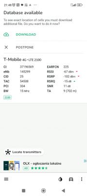 Zrzut ekranu aplikacji do analizowania sygnału sieci T-Mobile.