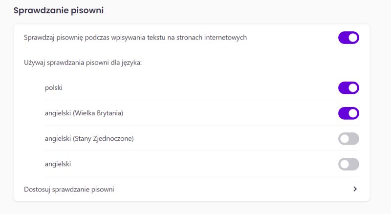Okno ustawień sprawdzania pisowni w przeglądarce Brave z wybranymi językami