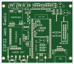 Green PCB labeled ESP32 Web Radio with audio and SD card component markings