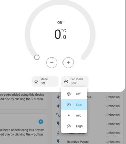 Air conditioner control panel set to 0°C, turned off, with the fan mode dropdown set to Low.