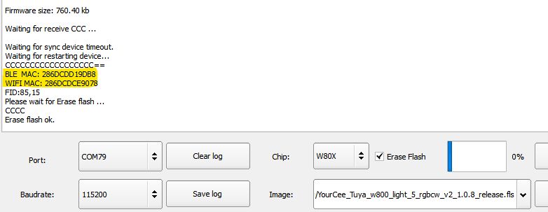 A flashing tool window with process logs, showing BLE and WiFi MAC addresses, and a progress bar.