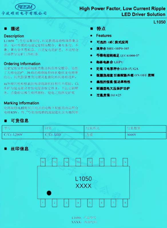 Screenshot of L1050 datasheet with description, features list, and 16-pin package diagram.