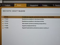 Odczyt błędów diagnostycznych na ekranie komputera z kodami P0123, P16A0, P2100, P1590, P129B.