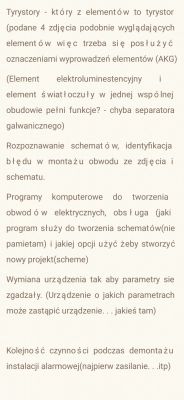 Treść notatki dotycząca zadań technicznych, w tym pytania o tyrystory, schematy i wymianę urządzeń.