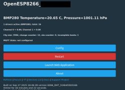 OpenESP8266 interface showing 20.65°C and 1001.11 hPa from BMP280 sensor