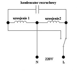 Schemat podłączenia silnika jednofazowego z kondensatorem rozruchowym.