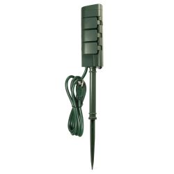 Wi-Fi Controlled Outdoor Post with Sockets Green outdoor post with six sockets and a cord.