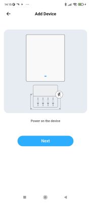 App screen for adding a new device, with instructions to power it on and a Next button.
