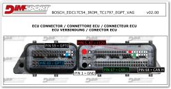 Photo of two ECU connectors with color-coded pins: PIN 5, 87 (+12V), PIN 1 (ground), PIN 67 (CAN L), PIN 68 (CAN H), PIN 59 (GPT0), PIN 43 (GPT1).