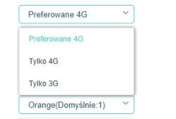 Zrzut ekranu menu wyboru sieci w modemie z opcjami 4G i 3G.