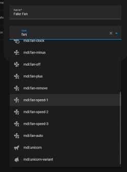Icon selection screen showing a list of fan icons and a search bar, with the name field set to Fake Fan.
