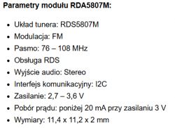 Specyfikacja techniczna modułu radiowego RDA5807M