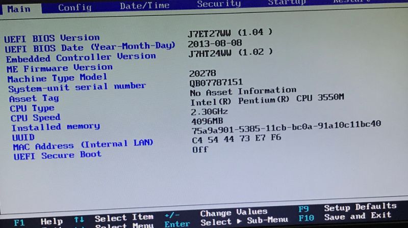 Lenovo UEFI BIOS screen showing BIOS version, Intel Pentium 3550M, and 4096 MB installed memory
