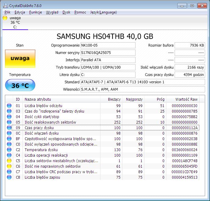 Jaki jest stan dysku Samsung HS04THB? Analiza SMART.