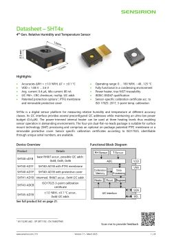 Cover page of Sensirion SHT4x datasheet with sensor renderings and key specifications