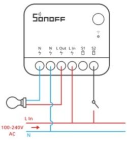 Sonoff R4 Mini Wiring Diagram Wiring diagram for Sonoff R4 Mini relay with a lamp.