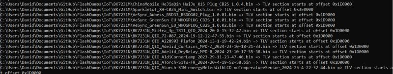 Screenshot of a Windows console showing a list of .bin files and TLV section offsets.