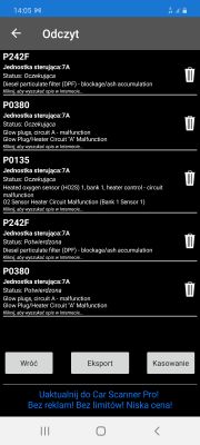 Zrzut ekranu z aplikacji diagnostycznej pokazujący kody błędów P242F, P0380 i P0135 związane z problemami z DPF i świecami żarowymi.