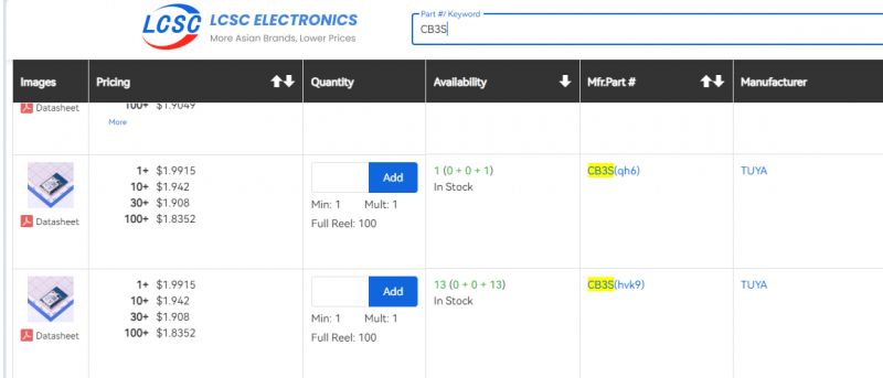 CB3S Module Prices and Availability on LCSC Electronics Screenshot of LCSC Electronics showing prices and availability for CB3S modules from Tuya.
