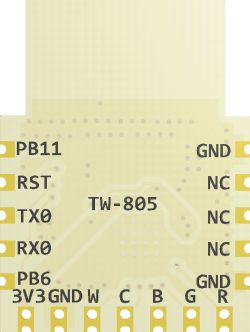Close-up of a PCB section with pin labels such as PB11, RST, TX0, RX0, plus GND and NC