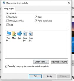 Okno dialogowe ustawień ikon pulpitu w systemie Windows.