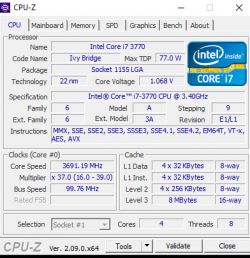 Zrzut ekranu z programu CPU-Z pokazujący dane techniczne procesora Intel Core i7-3770.