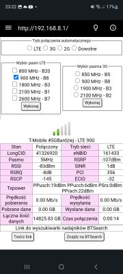 Zrzut ekranu z interfejsu zarządzania siecią ukazujący parametry połączenia LTE dla T-Mobile na częstotliwości 900 MHz.