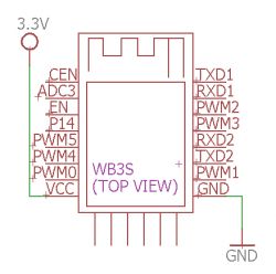 Pinout diagram of the WB3S module with pin labels and connections.