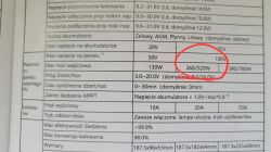 Tabela parametrów regulatora MPPT z zaznaczoną maksymalną mocą wejściową 260/520W