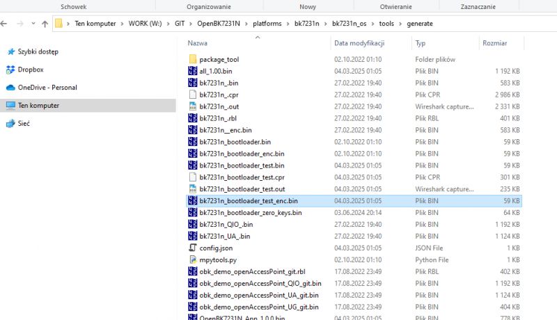 Screenshot of a Windows folder with a list of files related to the OpenBK7231N project.