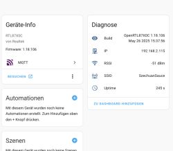 Diagnostics panel for RTL87X0C device showing firmware, connection, and Wi-Fi status.
