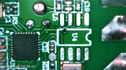 Close-up of a circuit board with an electronic component marked H3308 H0744.