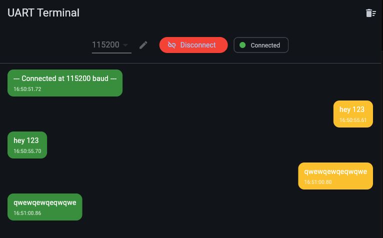 Screenshot of “UART Terminal” app with chat bubbles, Connected status, and message “hey 123”.