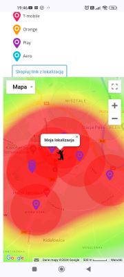 Mapa zasięgu sieci komórkowych z zaznaczonymi lokalizacjami kilku operatorów.