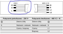 Schemat podłączenia płyty indukcyjnej do sieci 230V lub 400V 2~N z opisem przewodów