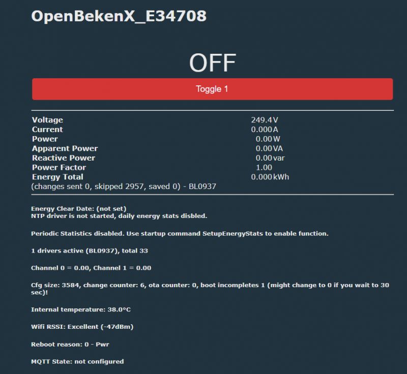 OpenBekenX_E34708 Smarte Steckdosenoberfläche Benutzeroberfläche von OpenBekenX_E34708 zeigt den Status einer smarten Steckdose.