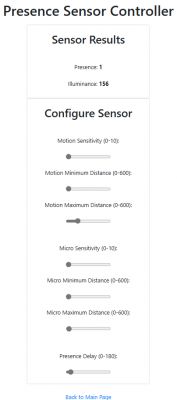 Presence sensor control panel with results and configuration options