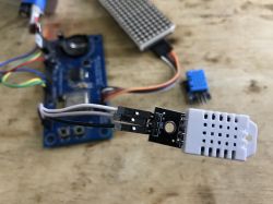 DHT11 sensor module connected to a development board with jumper wires